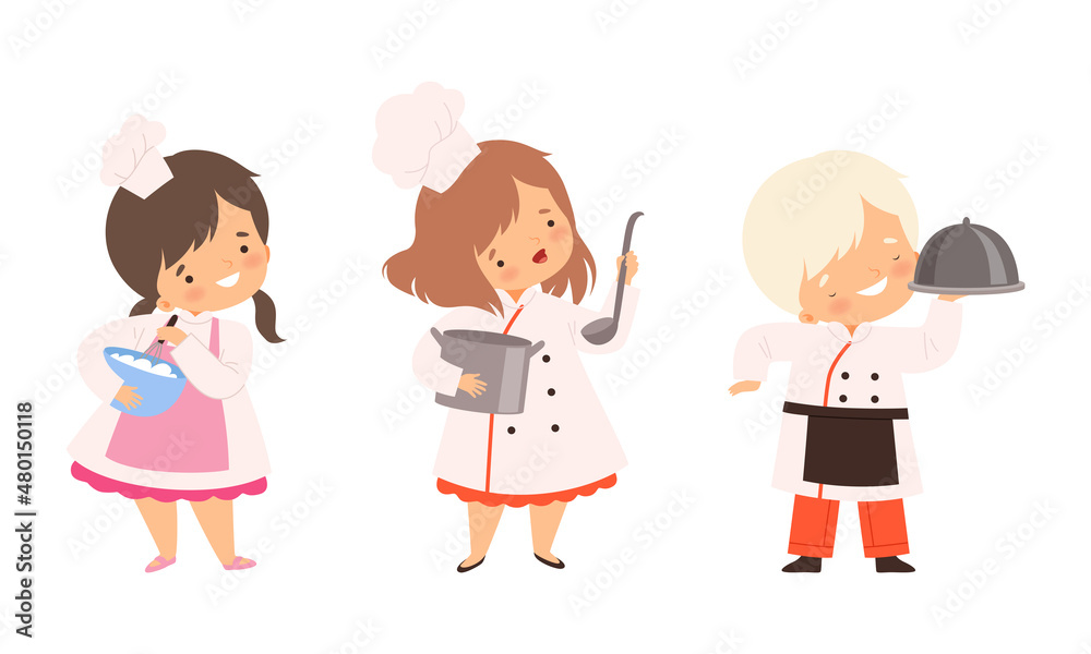 Little Boy and Girl Chef in White Toque and Jacket Holding Tray with Appetizing Dish and Ladle Vector Set Little Boy and Girl Chef in White Toque and Jacket Holding Tray with Appetizing Dish and Ladle Vector Set