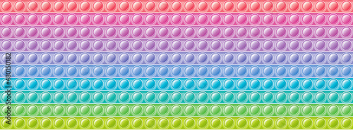 Fidget toy pattern. Popit sensory vector toy. Seamless pastel rainbow popular pop it. 3d soft realistic antistress fidgeting toy. Bubble popit fidget vector. Anti stress sensory cartoon illustration photo