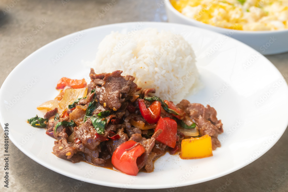 Thai street food, Thai basil beef with rice.