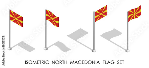 isometric flag of NORTH MACEDONIA in static position and in motion on flagpole. 3d vector