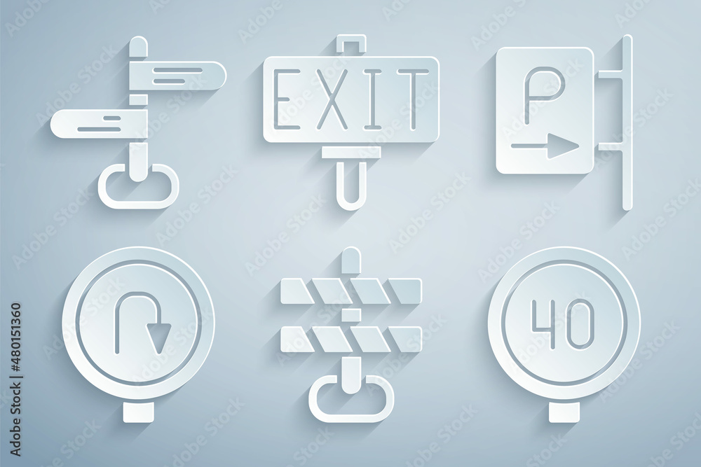 Set Road barrier, Parking, Turn back road sign, Speed limit traffic, Fire exit and icon. Vector Set Road barrier, Parking, Turn back road sign, Speed limit traffic, Fire exit and icon. Vector