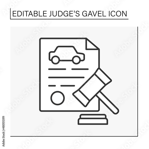  Document line icon. Legalize right on car in court. Judge decision. Judge gavel concept. Isolate vector illustration. Editable stroke
