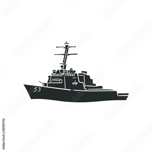 Military Ship Icon Silhouette Illustration. Naval Battleship Vector Graphic Pictogram Symbol Clip Art. Doodle Sketch Black Sign.