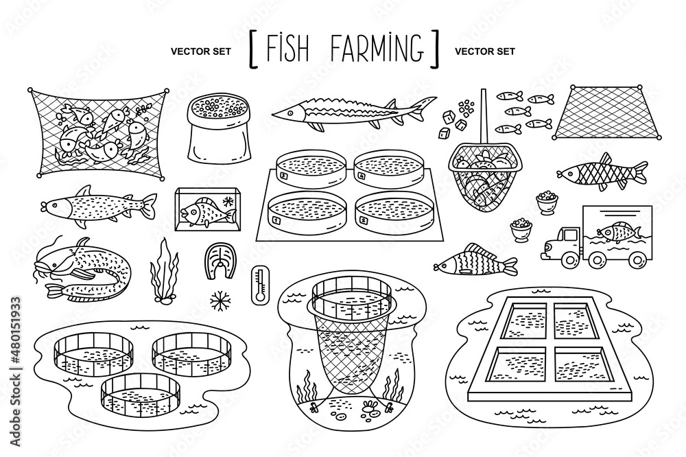 Vector hand drawn set on the theme of fish farming, agriculture, fisheries, fish factory. Isolated doodles, line icons for use in design