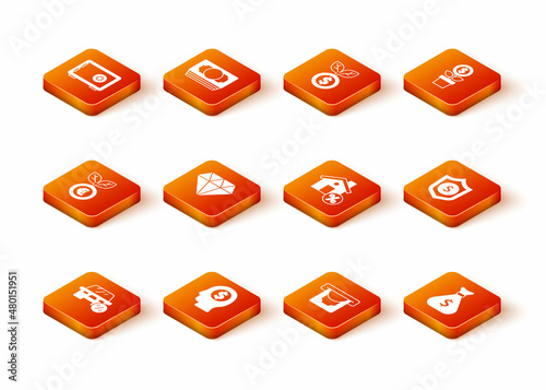 Set Car leasing percent, Business man planning mind, Euro plant, Diamond, ATM and money, House with percant discount, Money bag and Shield dollar icon. Vector