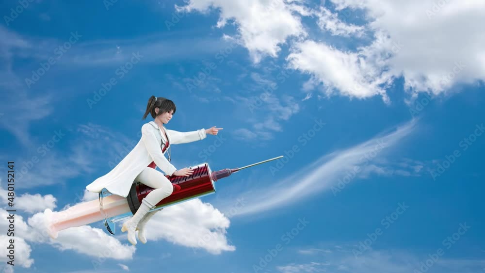 Beautiful nurse riding a large syringe pointing to the front. Inside is full of red vaccines. on the bright sky as background. Animation cartoon characters and Copy space for your text, 3d rendering. Beautiful nurse riding a large syringe pointing to the front. Inside is full of red vaccines. on the bright sky as background. Animation cartoon characters and Copy space for your text, 3d rendering.