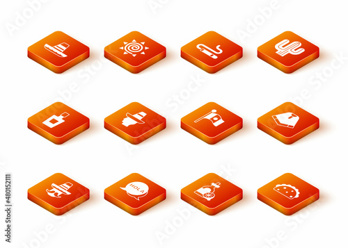 Set Mexican man sombrero, Hola, Tequila bottle, with lemon, Mexico flag, Taco tortilla and Poncho icon. Vector