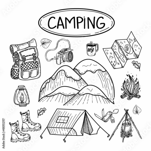 Camping and hiking hand drawn doodles collection.