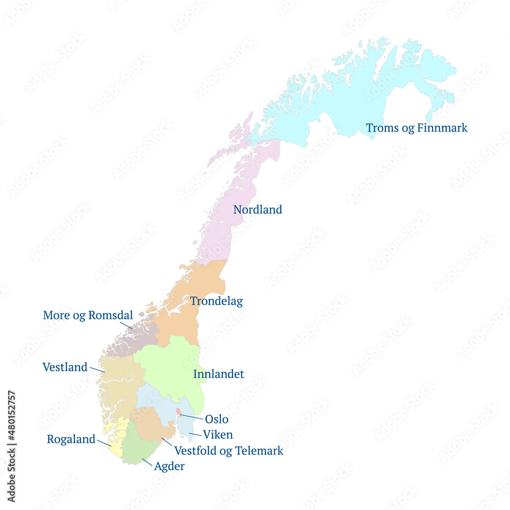 Naklejka premium Norway vector map. Administrative divisions and counties force on 1 January 2020. All isolated on white background. Template for design and infographics. Vector illustration.
