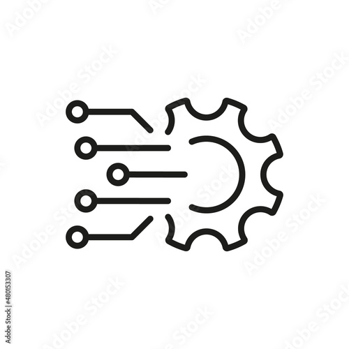 Digital Tech Concept Line Icon. Gear Sign of Business Solution Linear Pictogram. Digital Cog Wheel Symbol Electronic Technology Network Outline Icon. Editable Stroke. Isolated Vector Illustration