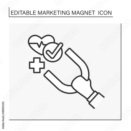Magnetism line icon. Hand keep magnet and attract health. Medicine. Treatment. Marketing magnet concept. Isolated vector illustration. Editable stroke