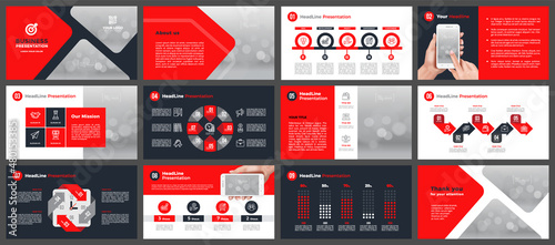 Presentation template in red and navy blue. A set of slides for a business company.