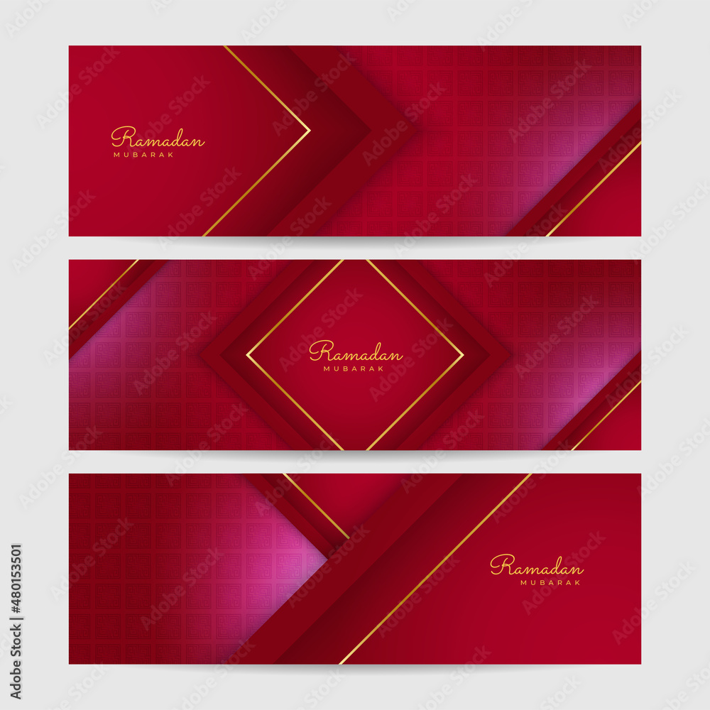 Ramadan Kareem Banner Background with moon, islamic pattern, lantern. Gold moon and red abstract luxury islamic elements background