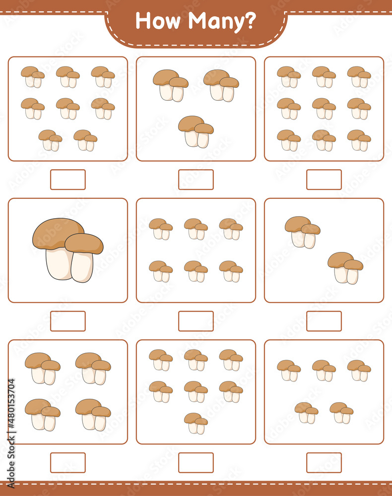 Counting game, how many Mushroom Boletus. Educational children game, printable worksheet, vector illustration