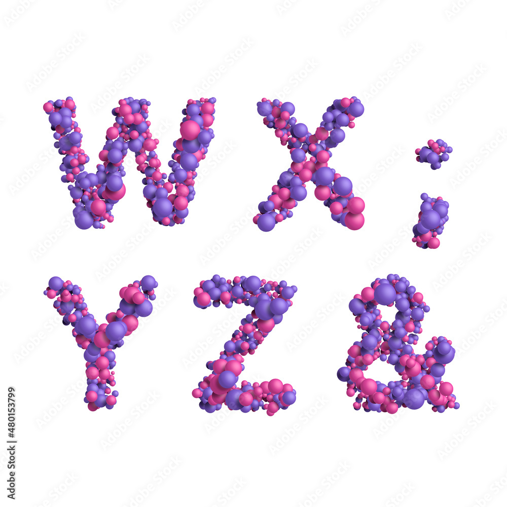 3d alphabet, letters made of multicolored little spheres, W X Y Z & 3d alphabet, letters made of multicolored little spheres, W X Y Z &