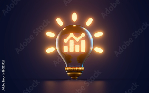 Business financial chart icon glowing inside lightbulb on dark background 3d render concept
