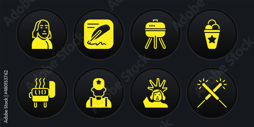 Set Barbecue grill, Ice cream in waffle cone, Sheriff cowboy, Statue of Liberty, Declaration independence, Sparkler firework and Benjamin Franklin icon. Vector