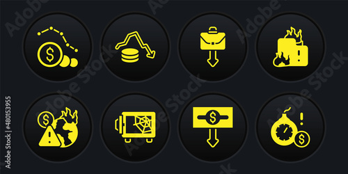 Set Global economic crisis, Fire in burning house, Safe, Dollar rate decrease, Briefcase, Money bomb dollar and icon. Vector