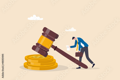 Penalty fine to pay for prohibited legal, charge and expense punishment notice, traffic charge bill concept, sad man holding fine notice with law gavel on top of money coins stack. photo