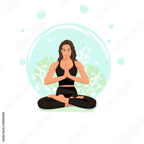 Girl in the lotus position, healthy lifestyle, nature, plants, water, air