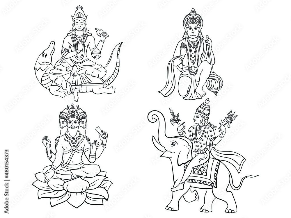 Set of Hindu gods and deities. Collection of Indian gods Hanuman, Brahma, Indra, Shiva. Deity of Hinduism. Vector illustration of divine religion.