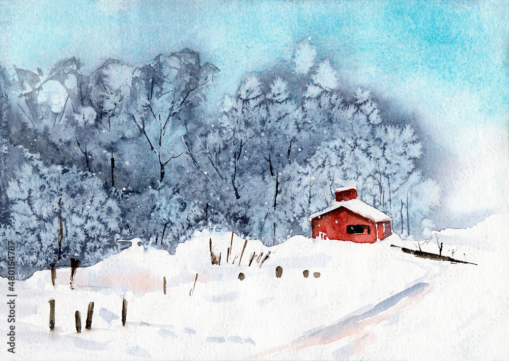 Watercolor illustration of a winter landscape with a red house covered in snow, distant snow-covered trees and falling snow