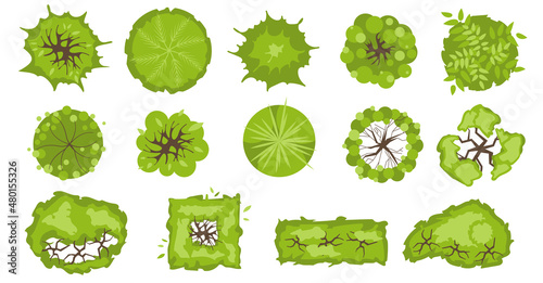 Trees, bushes and plants top view for architectural and landscape design. Kit of Plants, bushes and trees. Vector set of isolated Elements for design projects. Green spaces. Graphic solated on white.