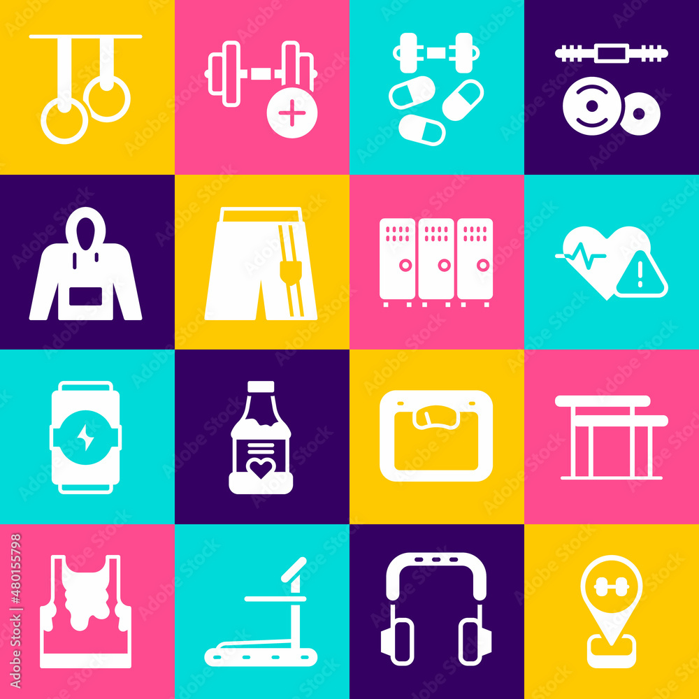 Set Location gym, Uneven bars, Heart rate, Sports doping with dumbbell, Short pants, Hoodie, Gymnastic rings and Locker changing room icon. Vector Set Location gym, Uneven bars, Heart rate, Sports doping with dumbbell, Short pants, Hoodie, Gymnastic rings and Locker changing room icon. Vector