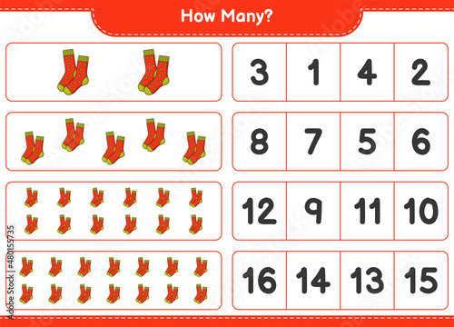 Counting game, how many Socks. Educational children game, printable worksheet, vector illustration