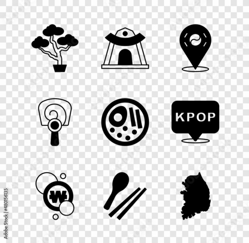Set Bonsai tree, Korean temple, Location South, won coin, Food chopsticks, map, hand fan and Ramen icon. Vector
