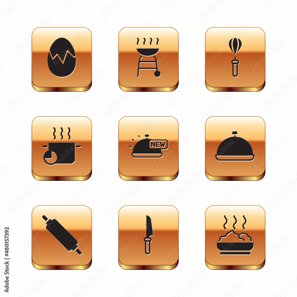 Set Broken egg, Rolling pin, Knife, Covered with tray of food, Cooking pot, Kitchen whisk, Bowl hot soup and Barbecue grill icon. Vector Set Broken egg, Rolling pin, Knife, Covered with tray of food, Cooking pot, Kitchen whisk, Bowl hot soup and Barbecue grill icon. Vector