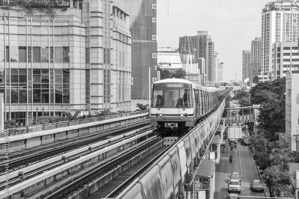 The Skytrain and Cityscape in Bangkok Thailand Southeast Asia	