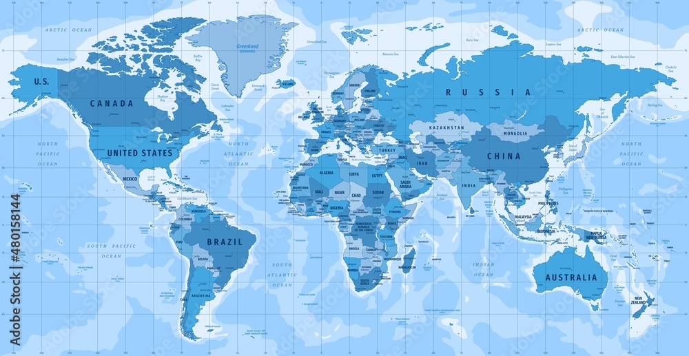 Fototapeta premium High Detailed Vector Political World Map | Miller Cylindrical Projection Map Illustration