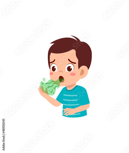 cute little boy check bad breath on mouth