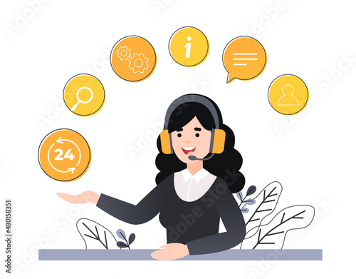 Concept customer and operator, online technical support 24-7 for web page. Vector illustration female hotline operator advises client. Online assistant, virtual help service.