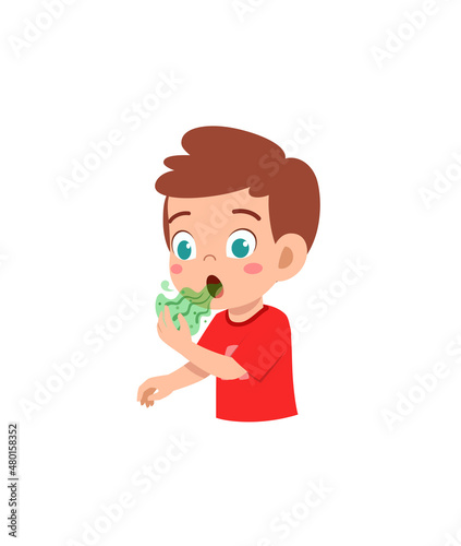 cute little boy check bad breath on mouth