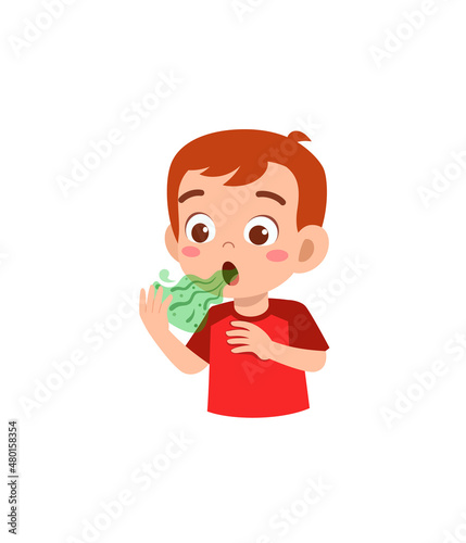 cute little boy check bad breath on mouth