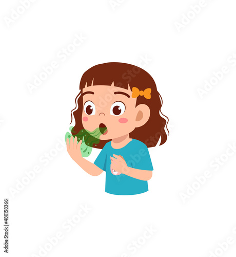 cute little girl check bad breath on mouth