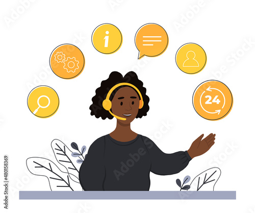Concept customer and operator, online technical support 24-7 for web page. Vector illustration african female hotline operator advises client. Online assistant, virtual help service.