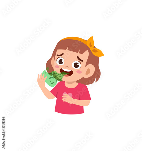 cute little girl check bad breath on mouth