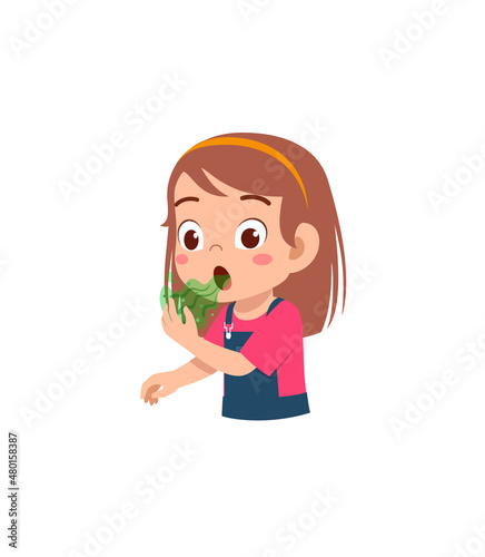 cute little girl check bad breath on mouth