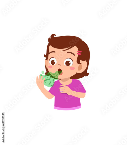 cute little girl check bad breath on mouth