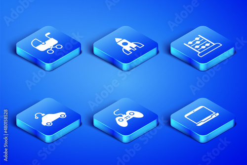 Set Laptop, Baby stroller, Gamepad, Radio controlled car toy, Rocket ship and Abacus icon. Vector