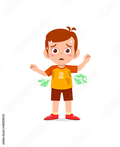 cute little boy have sweaty body and bad smell