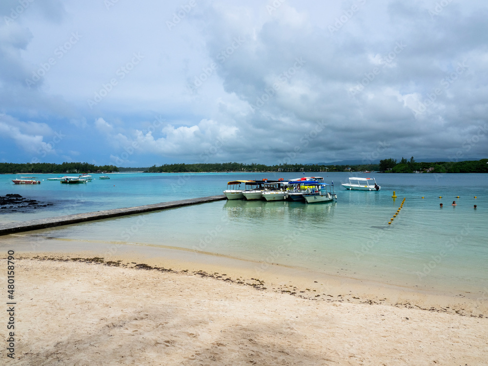 Motor boats at Grand Port, dangerous bathing in the bay, ile Chat, Mauritius, Africa