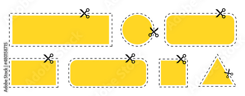 Scissors with cut line icon. cut out yellow discount coupon. simple vector illustration