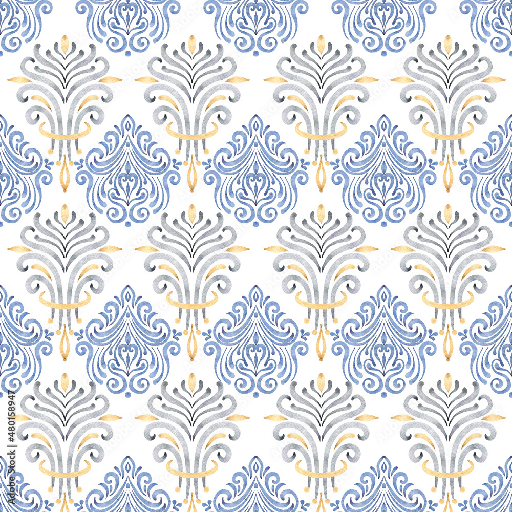 Antique Motifs in Blue and Gold Watercolor Seamless Pattern Antique Motifs in Blue and Gold Watercolor Seamless Pattern