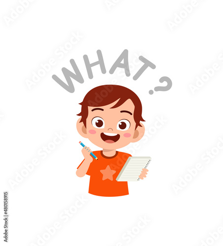 cute little boy holding note book as journalist