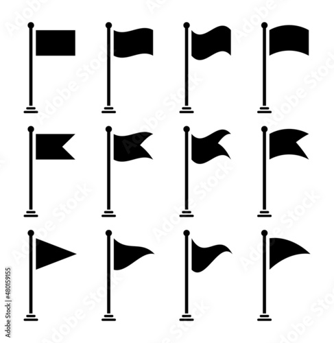Vector icons of flag and pennant shapes with pole for start, finish pictogram, banner, location, map destination. Small waving flagpole silhouettes of black isolated on white.Symbol, pin for web.