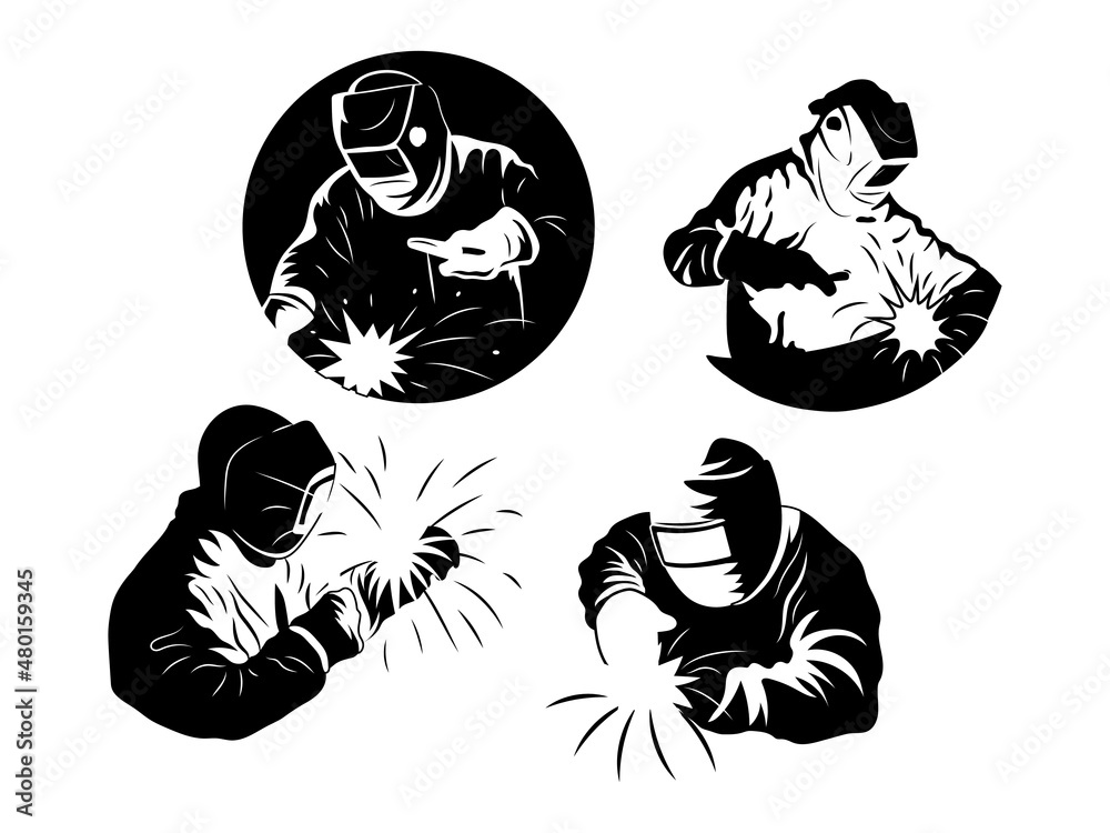 Vetor de Set of welders welds metal. Collection of silhouette of a